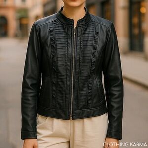 Outerwear by Lisa L Pleated Frill Faux Leather Jacket Moto Pockets Full Zip